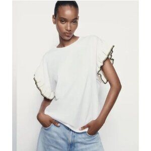 ZARA T-Shirt White Top Gold Black Trimmed Knit Cap Ruffle Sleeve Crew Neck Med